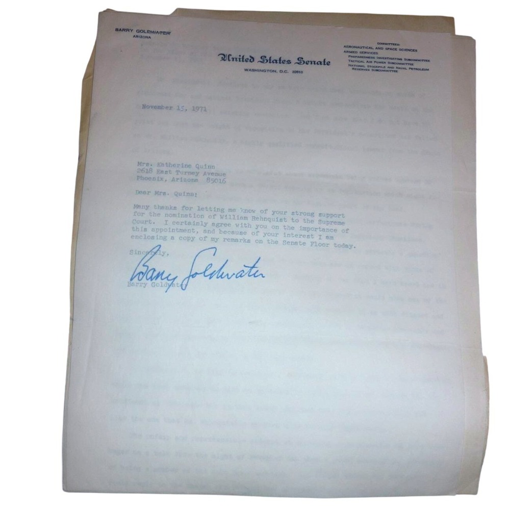 Barry Goldwater‎ Signed Letter 1971 US Senate - Rehnquist SCOTUS Nomination Set